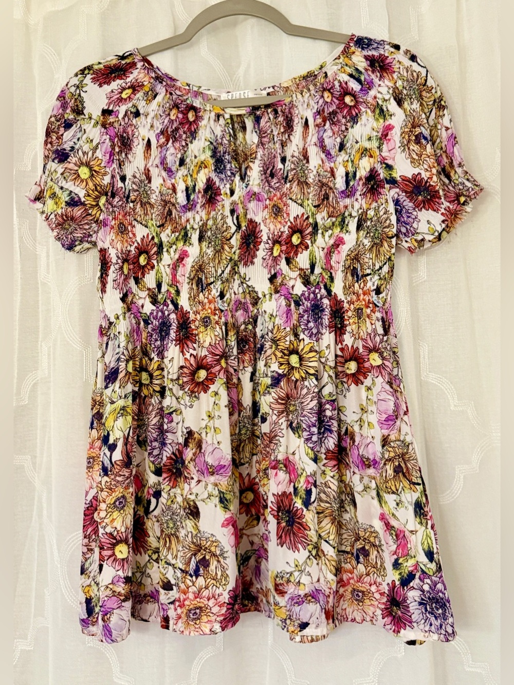 Spense Petite Small Floral Peasant Top Multicolor Smocked Neck Blouse